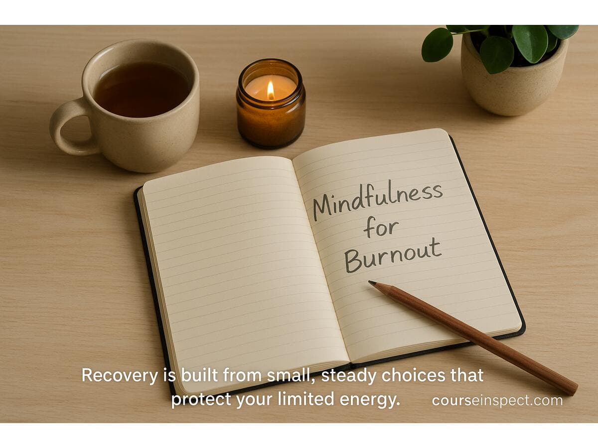 Soft light, notebook and tea on a calm desk—inviting setup for gentle mindfulness during burnout recovery.