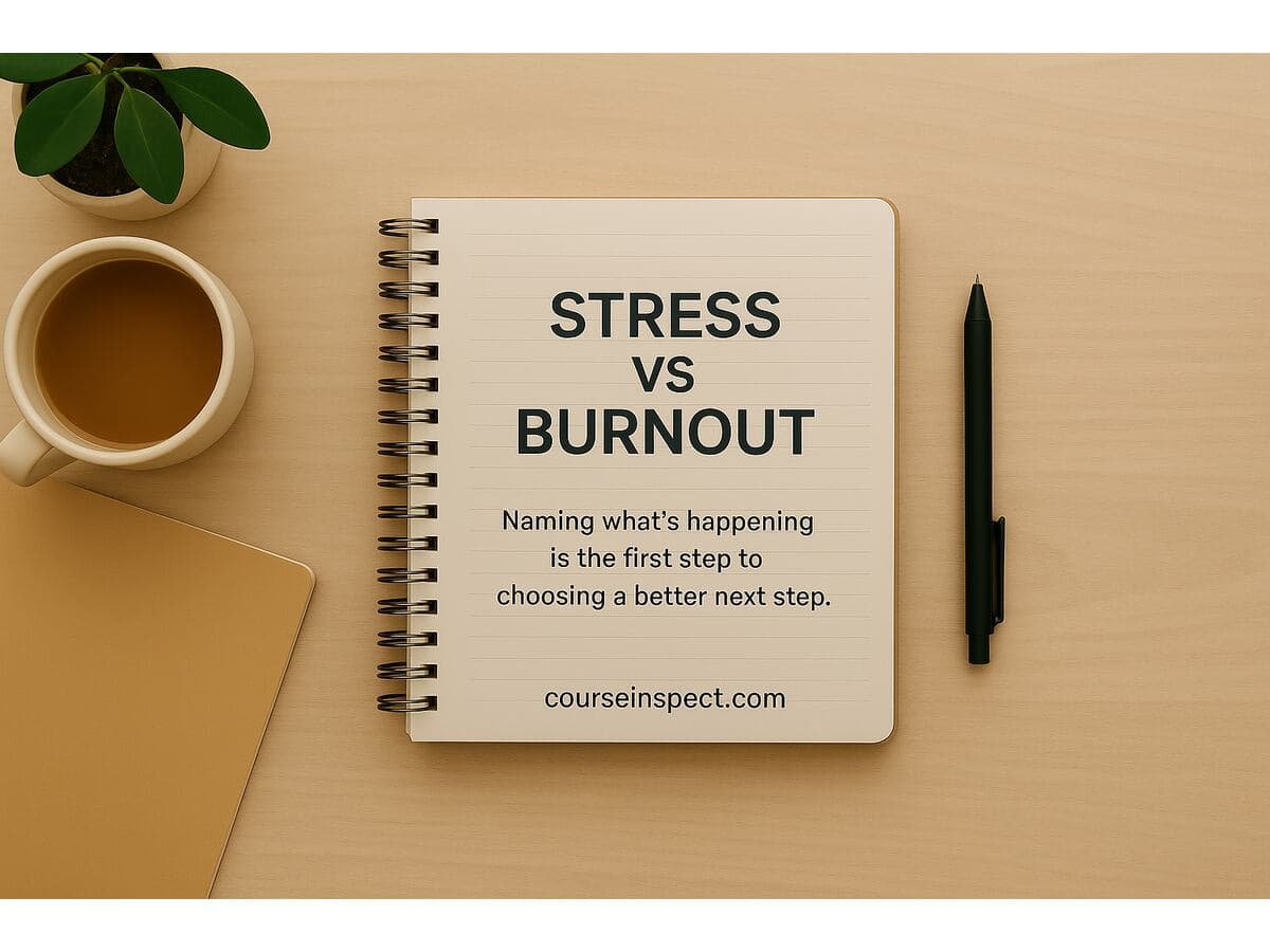 Calm workspace with tea and notebook, symbolizing clarity between stress and burnout.