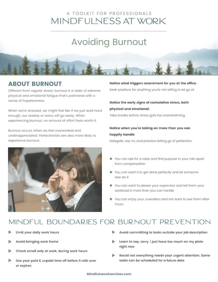 Screenshot of the Avoiding Burnout PDF from Mindfulness at Work