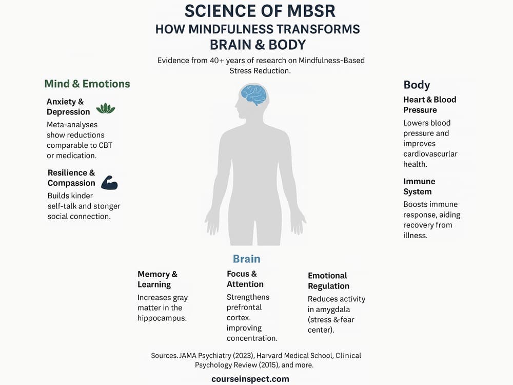 Infographic: Science of MBSR (Mindfulness-Based Stress Reduction). Shows research-backed benefits for brain, body, anxiety, depression, focus, resilience, compassion, blood pressure, and immune system.
