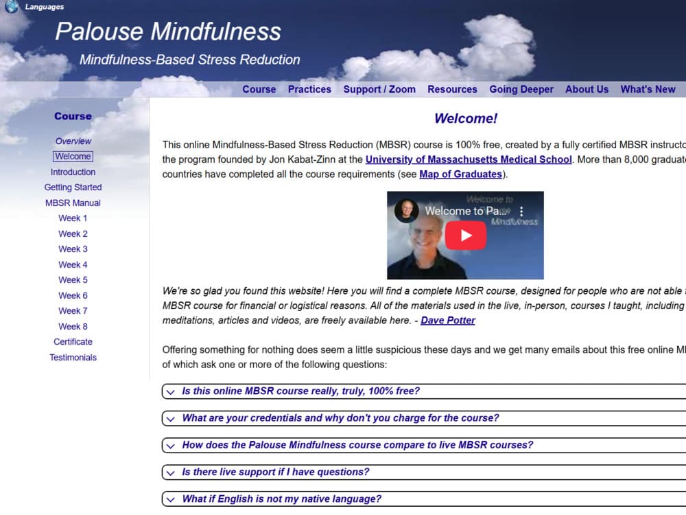 Screenshot of the Palouse Mindfulness course website UI — simple design with video lessons, instructor recordings, and practice sheets